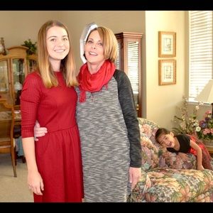 Red dress, right above the knee